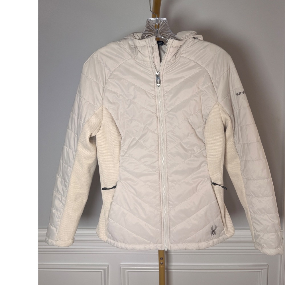 Spyder Quilted Hybrid Jacket Womens Small Cream Polyester Ski Active Hooded